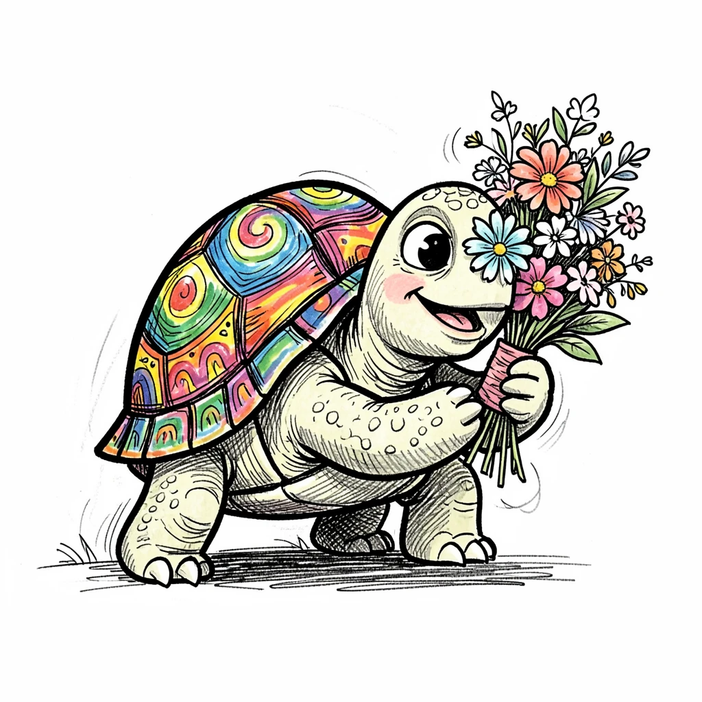 A turtle with a painted shell sniffing a bouquet of flowers.