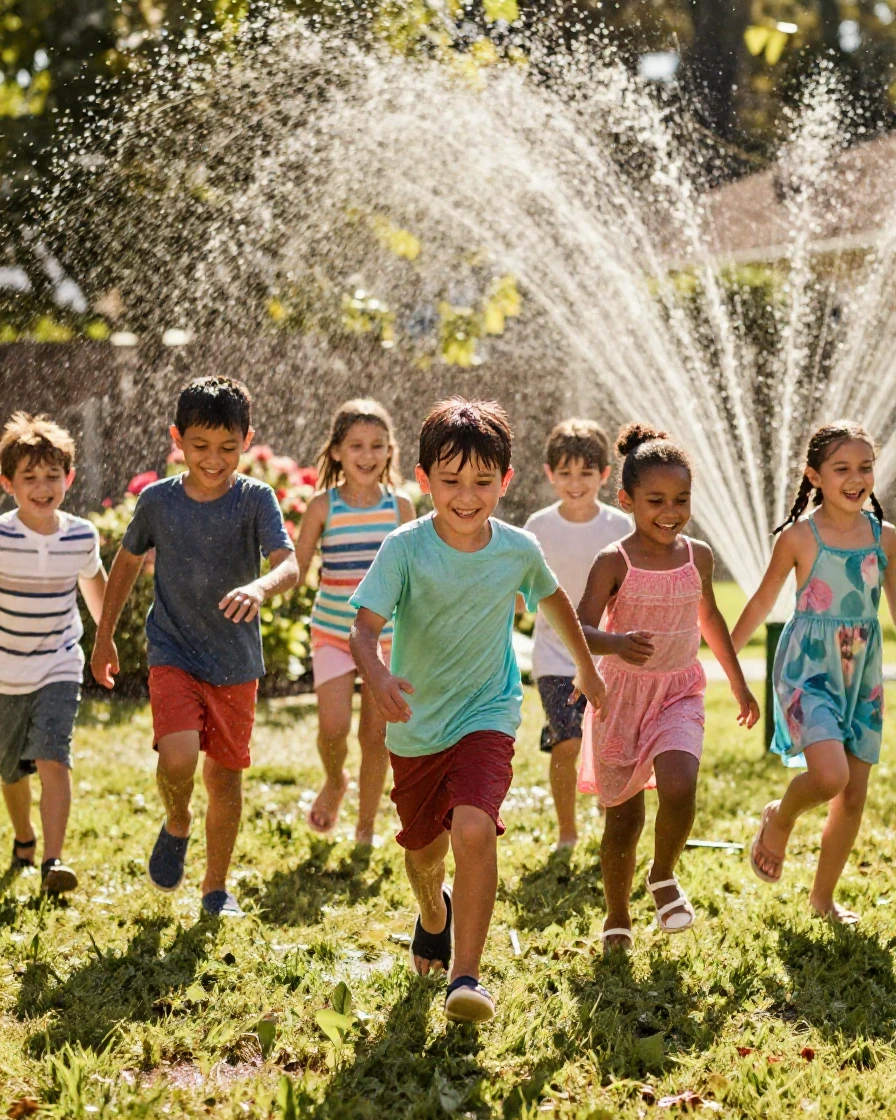 Children running through a sprinkler on a summer day