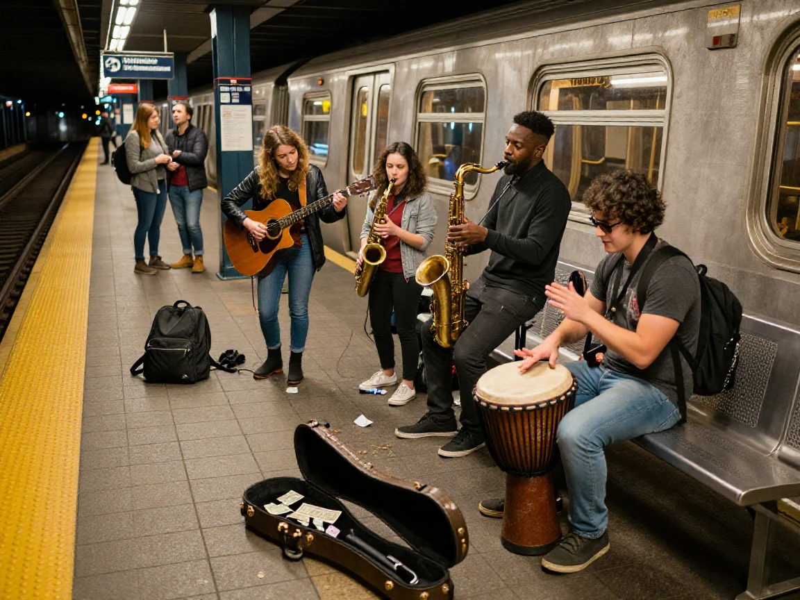 A group busks together on a subway platform, an open guitar case collecting tips.