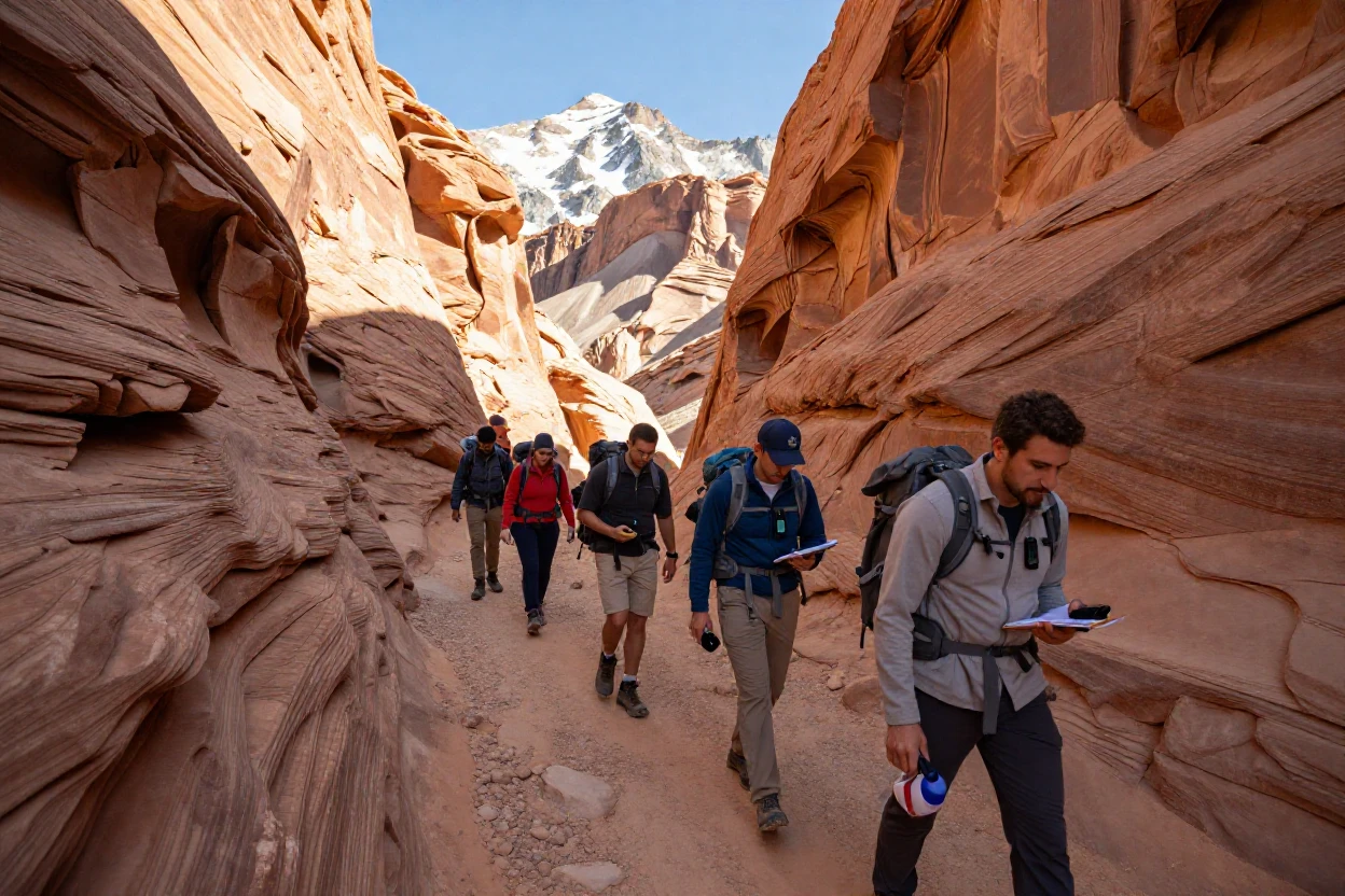A team of researchers navigating through a narrow desert canyon high in the snow-capped mountains
