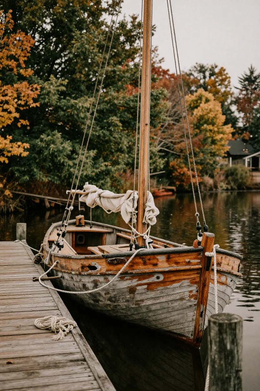 An old wooden sailboat moored at a weathered dock, in gentle diffused daylight, amid gently falling snow, in the mild days of early autumn, with deep emerald greens and browns, captured from a low angle looking up.