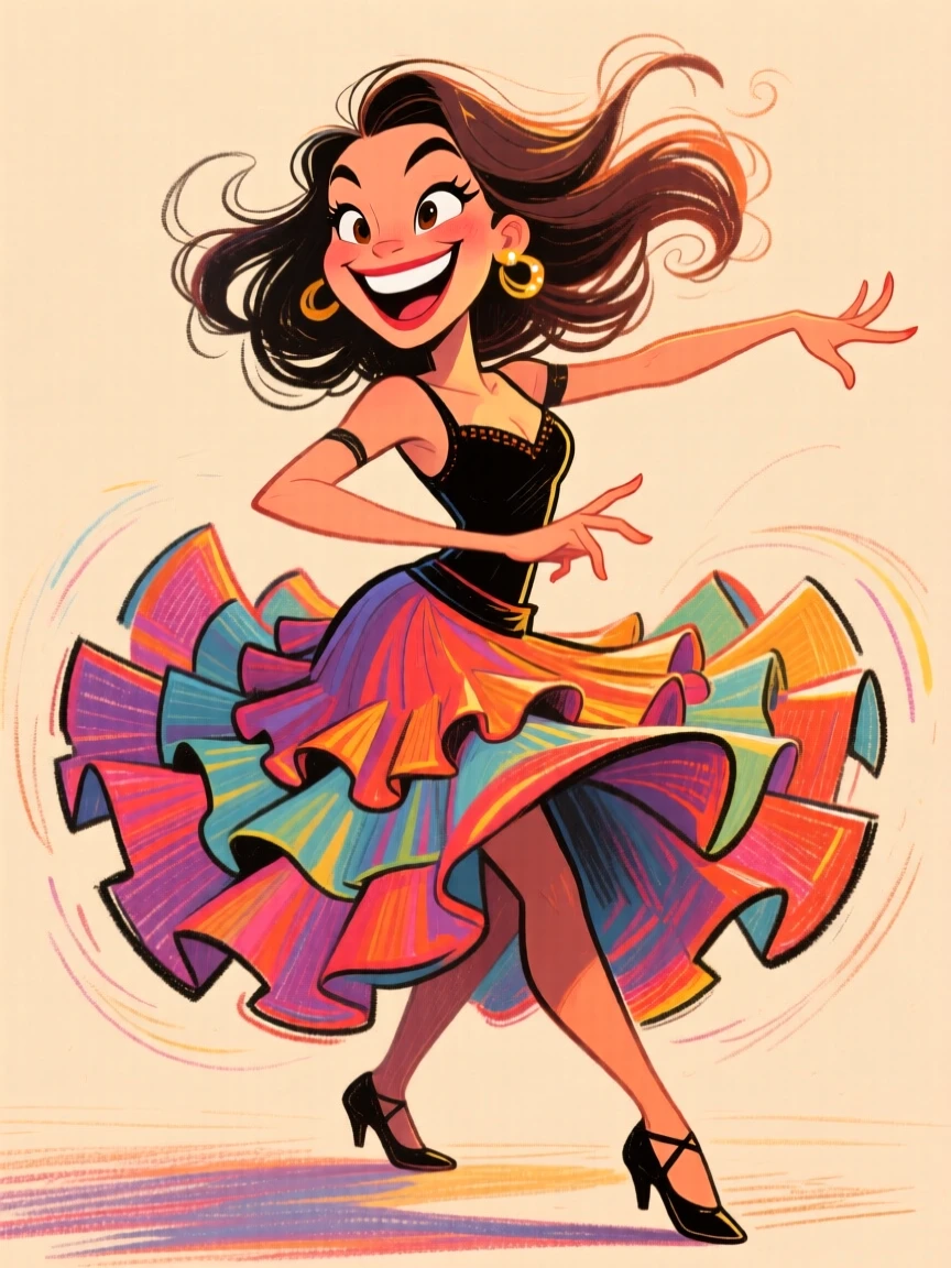 A confident salsa dancer mid-spin, ruffled skirt flaring dramatically around her legs.