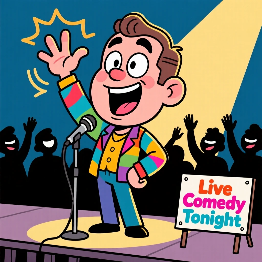 A larger-than-life portrait of a beloved stand-up comedian mid-punchline, one hand gesturing wildly, the audience silhouette laughing.
