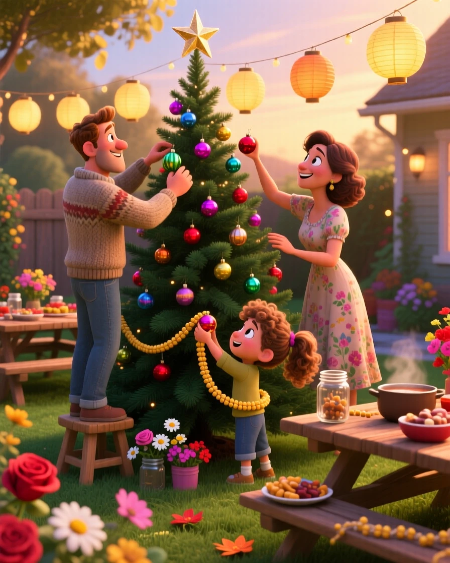 A family decorating a tall pine tree happens in a backyard strung with paper lanterns, with fresh flowers decorating every table. The mood is joyful, nostalgic, and full of celebration.