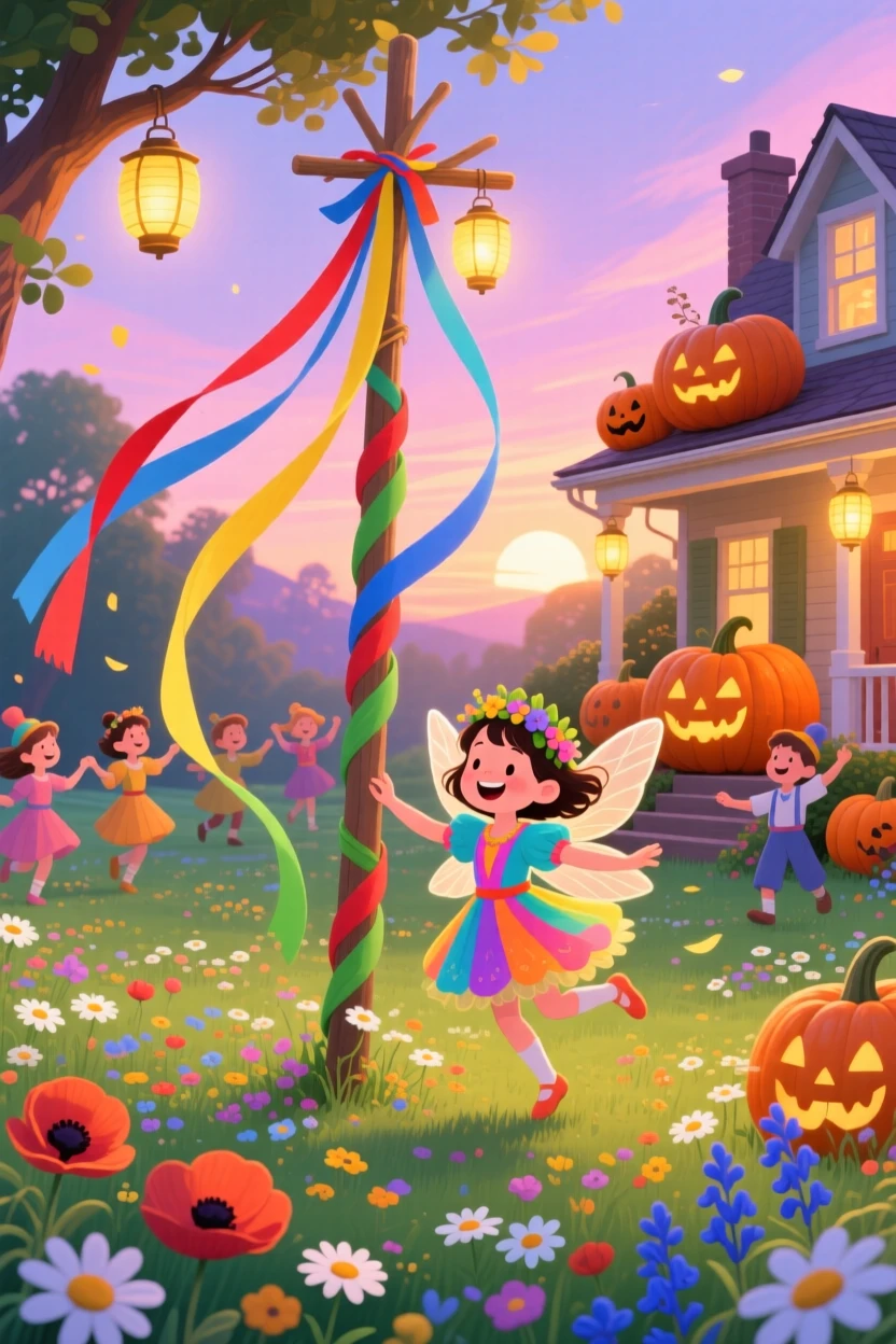 A little girl in a costume gather in a pumpkin-lined front porch, dancing around a maypole in a flower-filled meadow, as golden lanterns glow warmly.