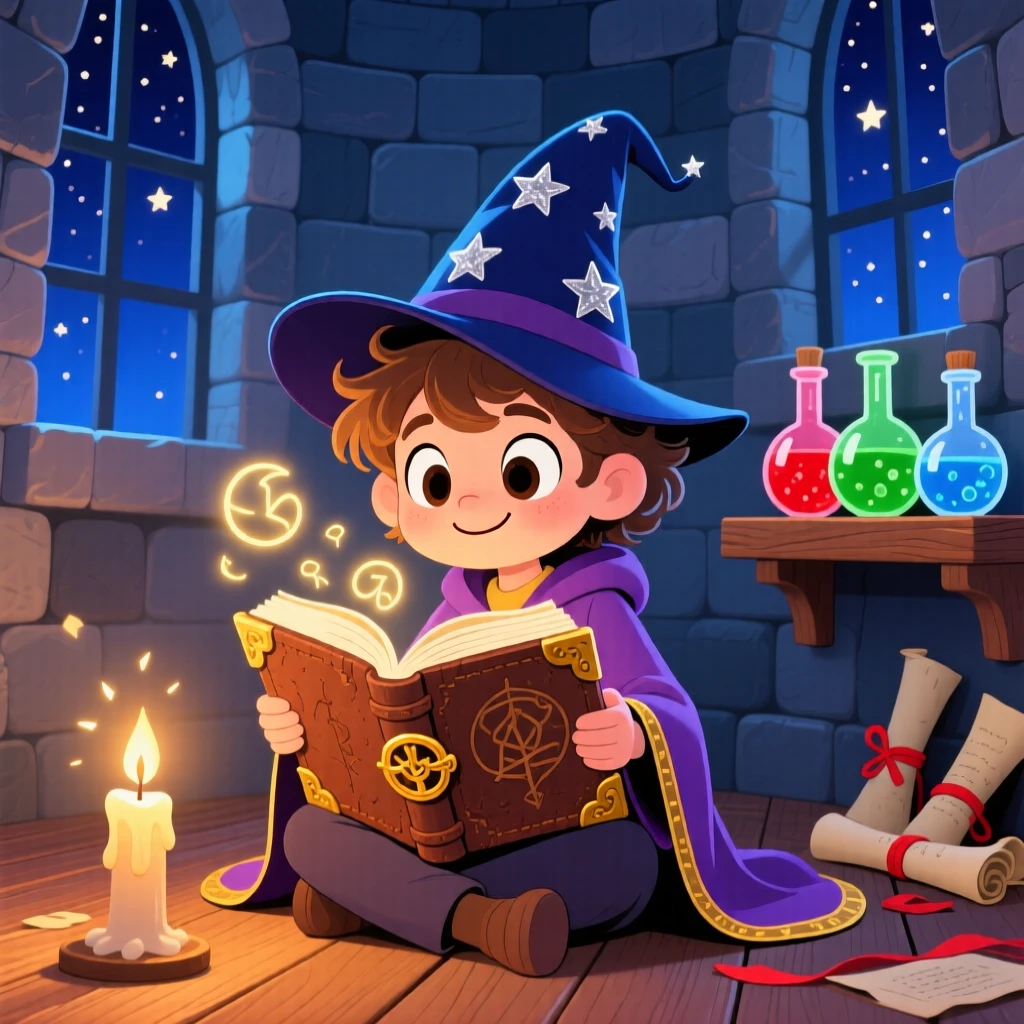 A young wizard reading an old spellbook by candlelight in a tower.
