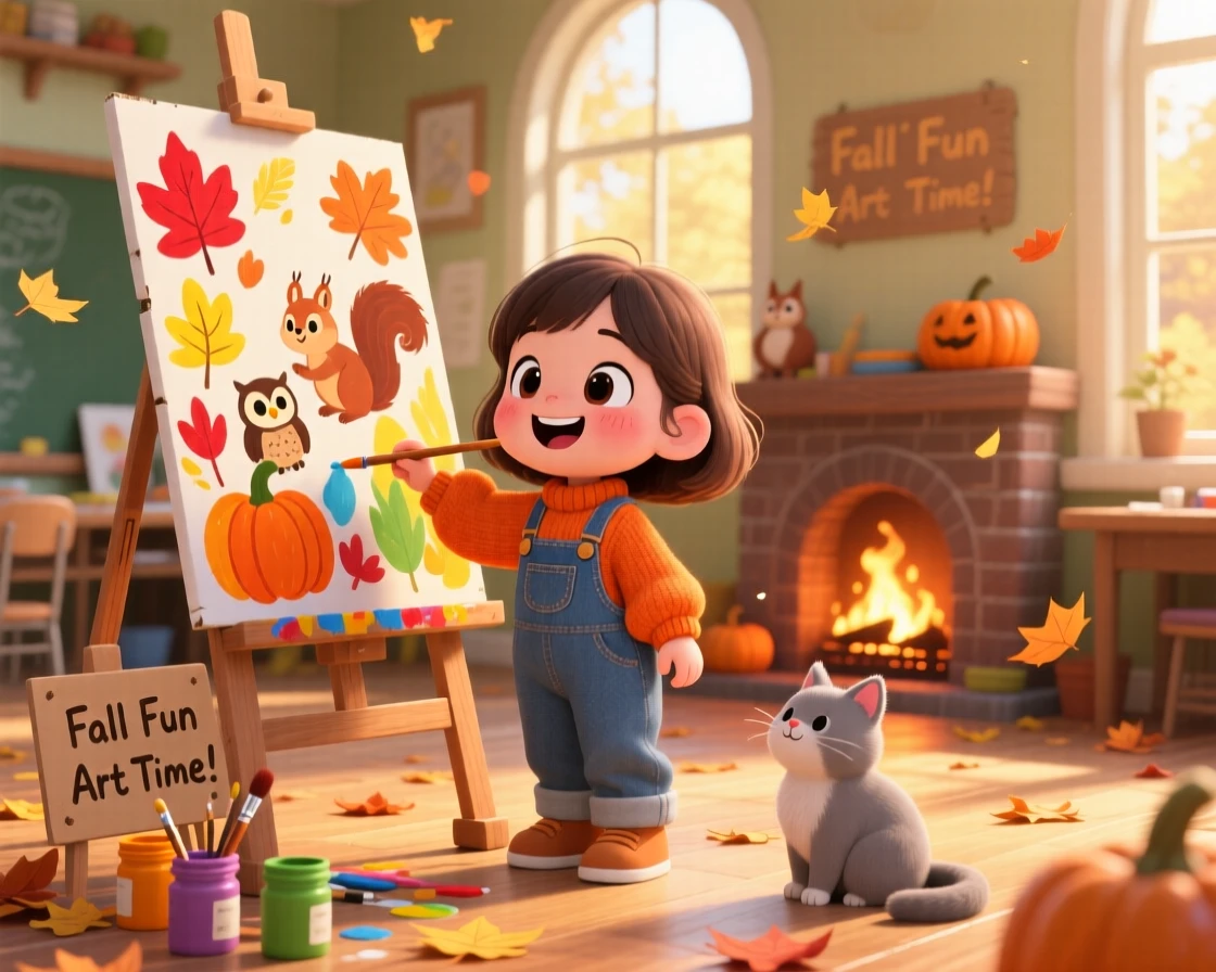 A small girl painting a colorful mural on cardboard, framed as a three-quarter view within a sunlit art classroom, with autumn leaves swirling around, glowing under cozy firelight, evoking giggling amusement.