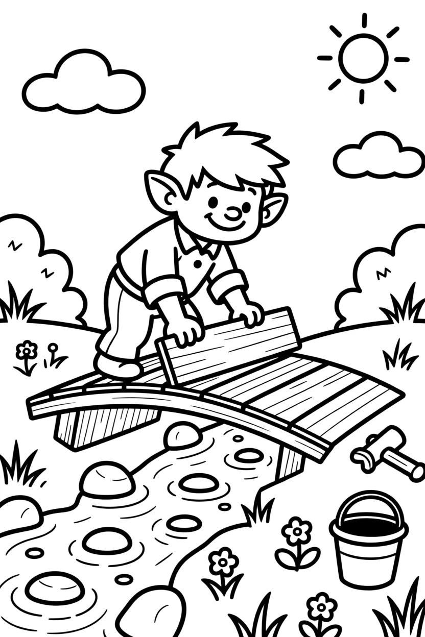 A friendly troll building a bridge over a bubbling stream