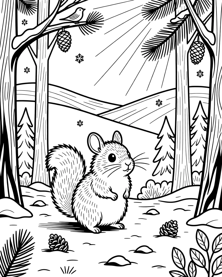 A chinchilla emerging from a snowy pine forest, with sunlight breaking through the canopy above.