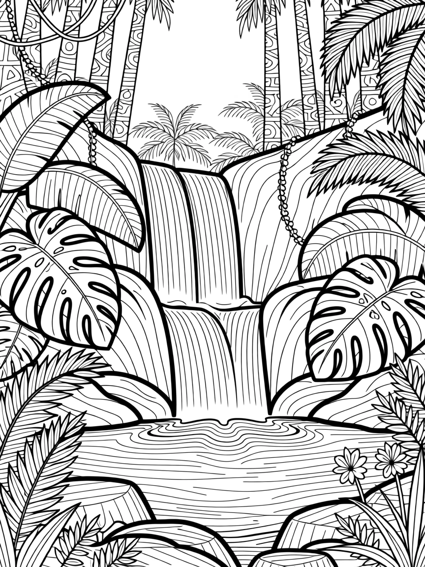 A jungle waterfall cascading into a pool surrounded by giant leaves.