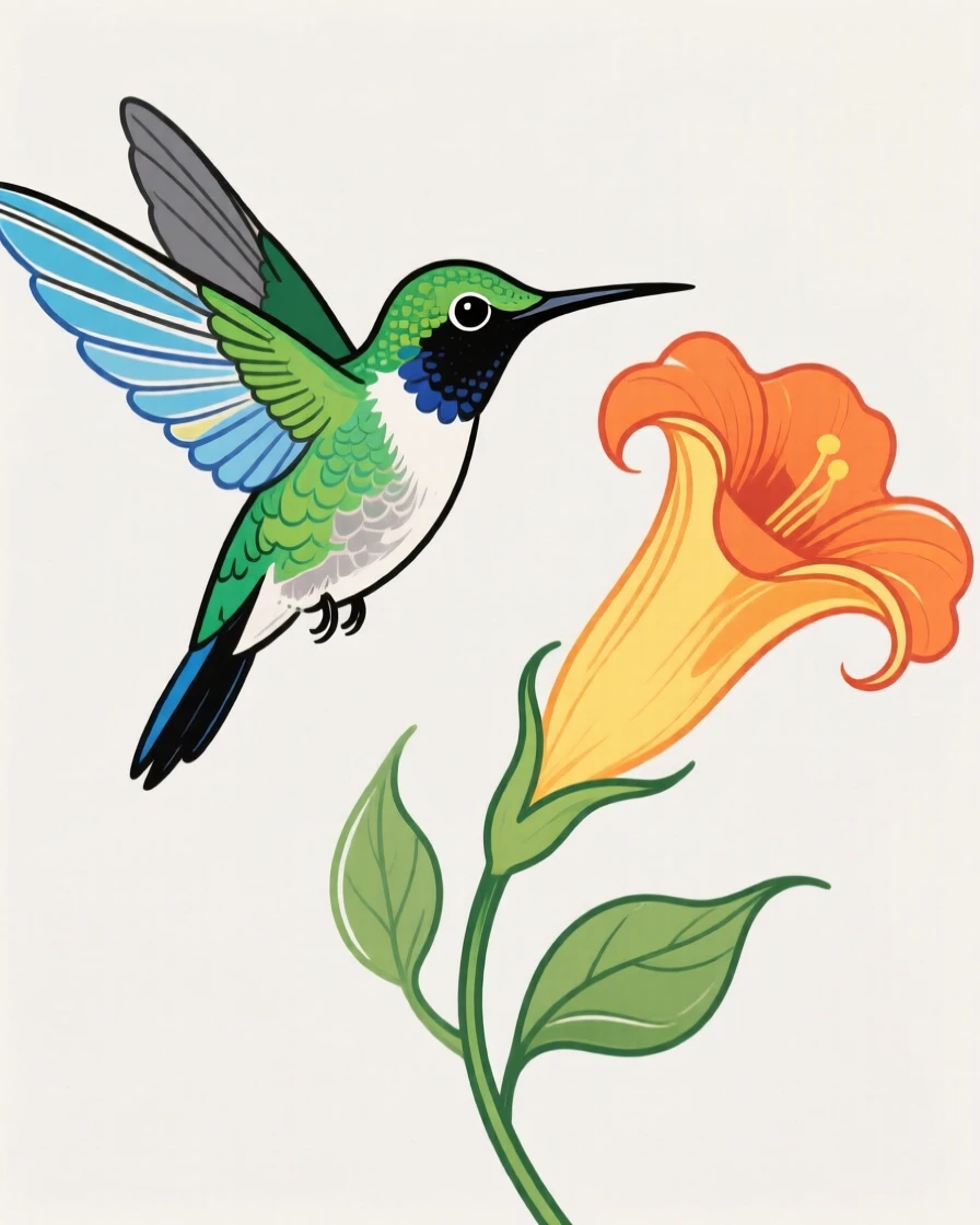 A hummingbird hovering beside a trumpet-shaped flower.