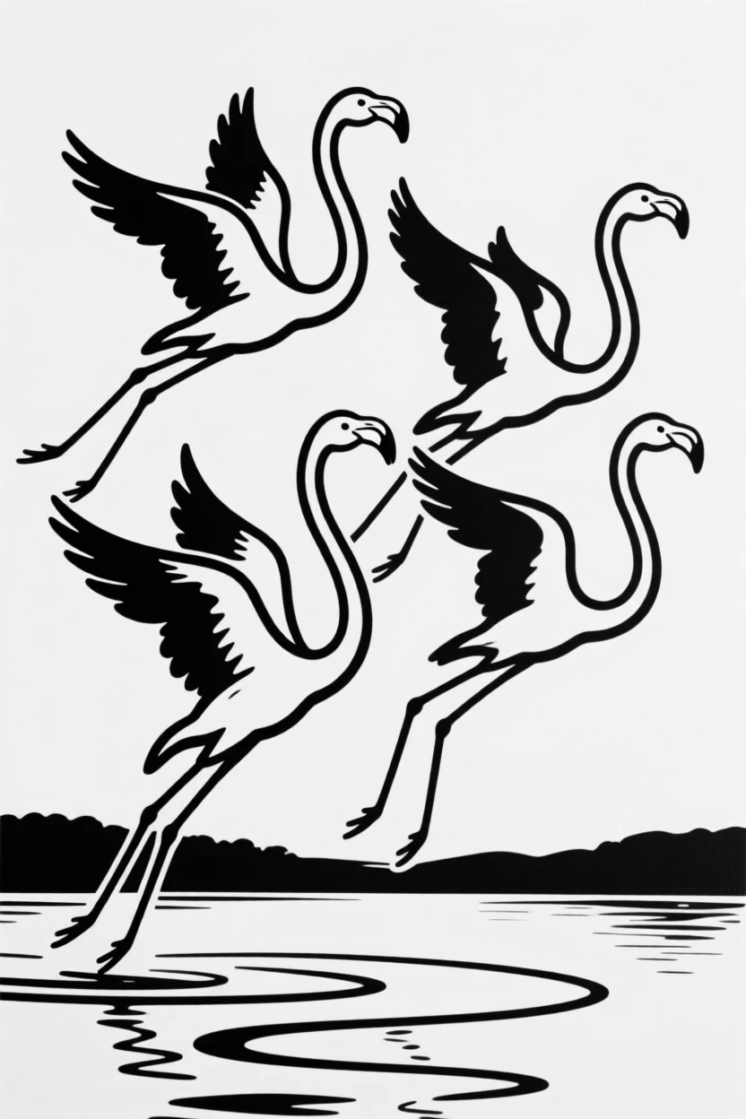 A group of flamingos taking flight together over a lake.