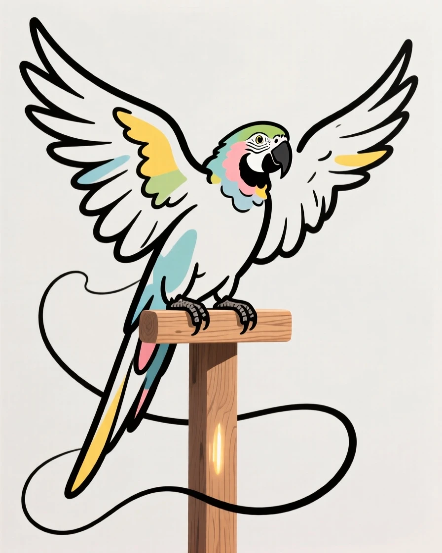 A parrot perched on a wooden stand, wings spread wide.