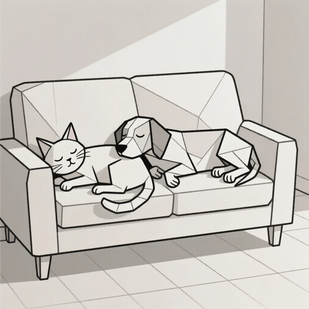 A cat and dog napping together on a couch
