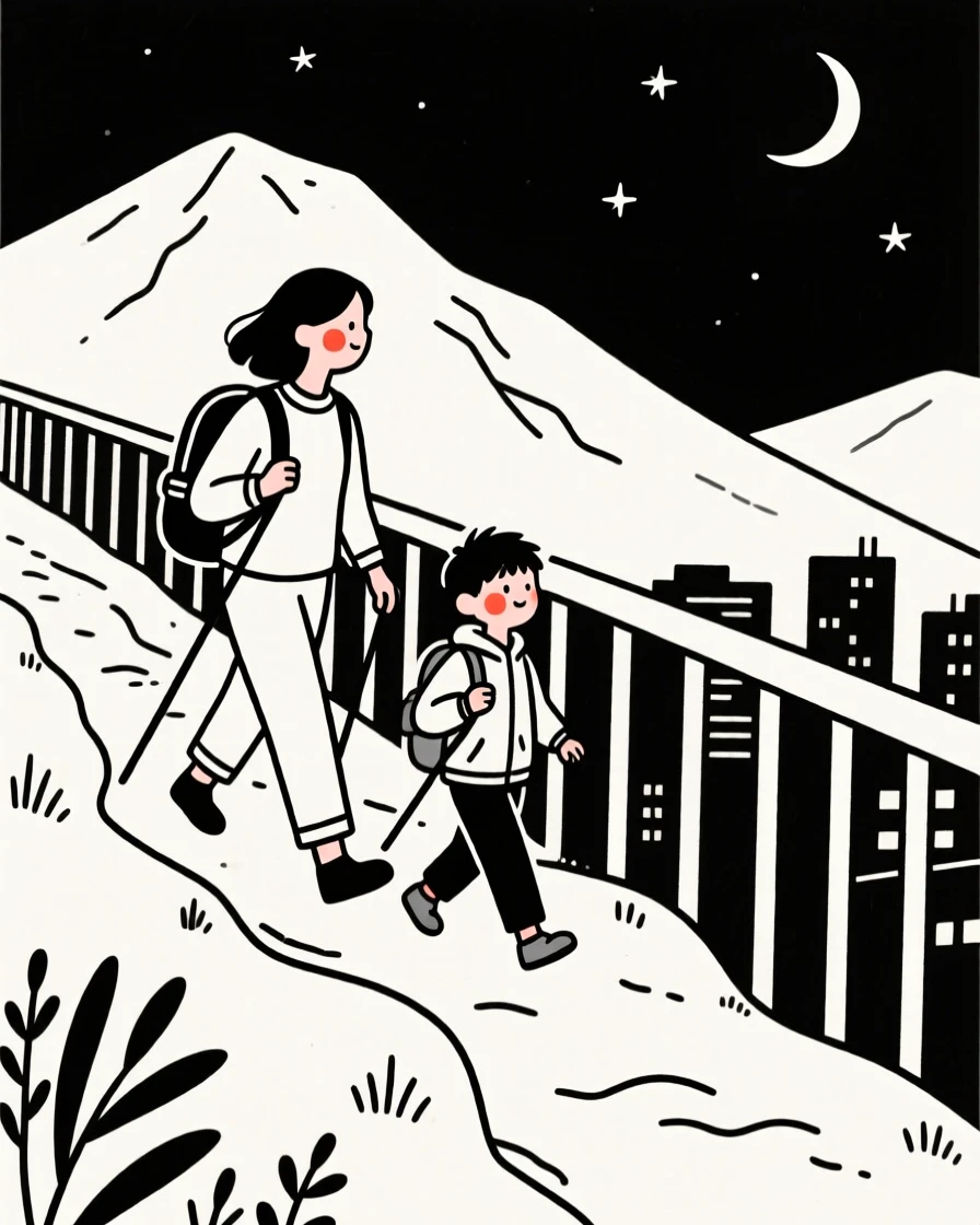 A mother and son hiking a mountain trail with a backpack, on a city balcony at night.