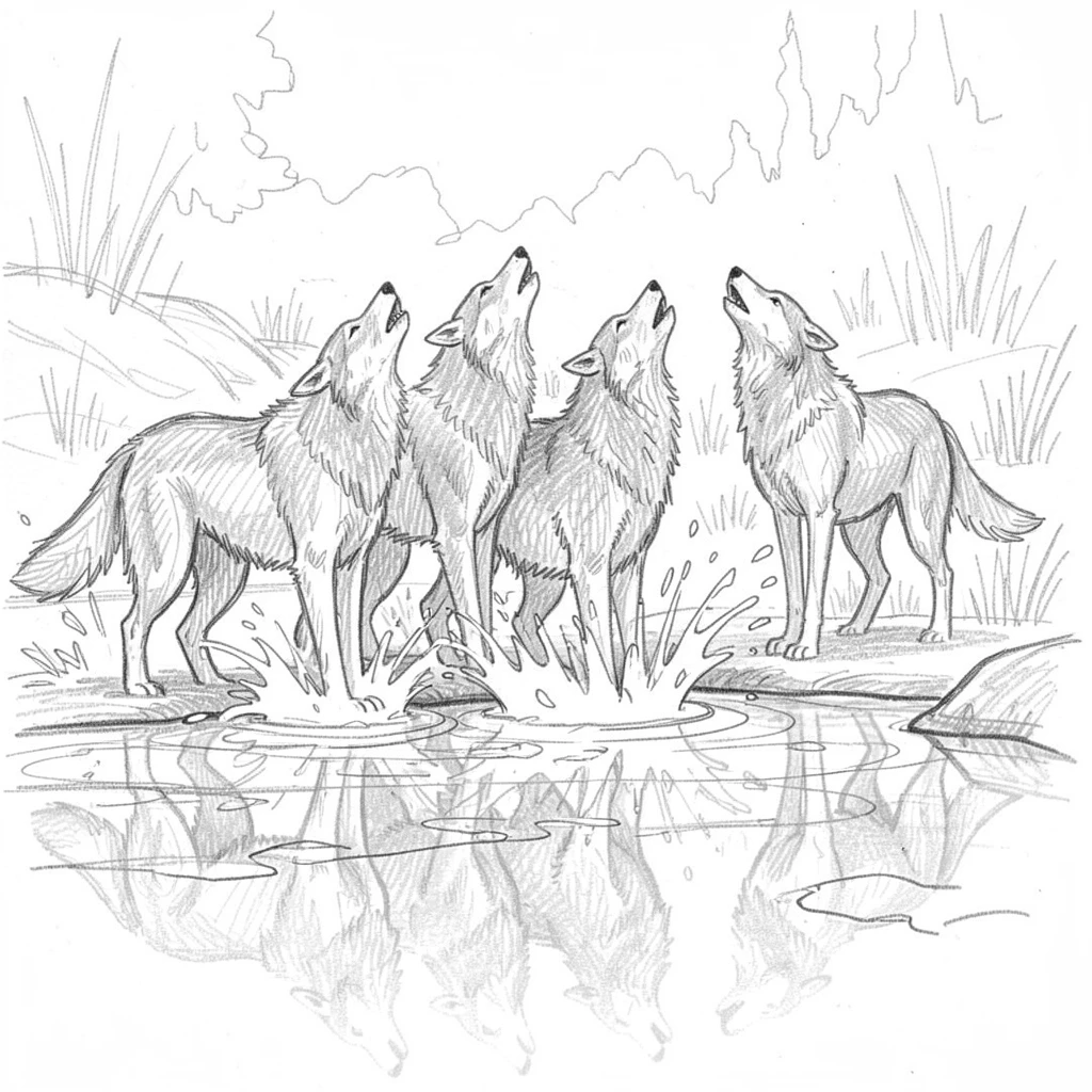 A heartwarming scene of a pack of howling wolves splashing through a shallow stream, with its reflection shimmering in a pond.