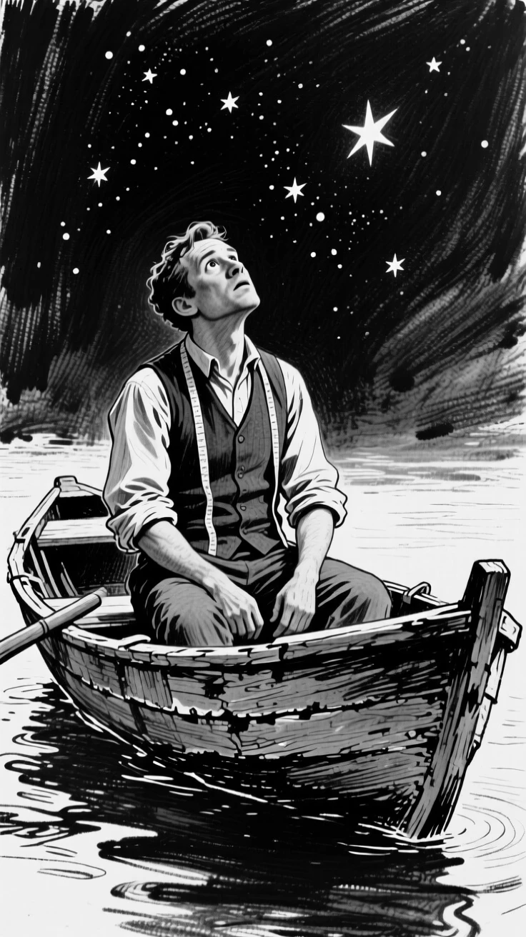 A tailor looking up at the stars with wonder, in an old wooden rowboat.