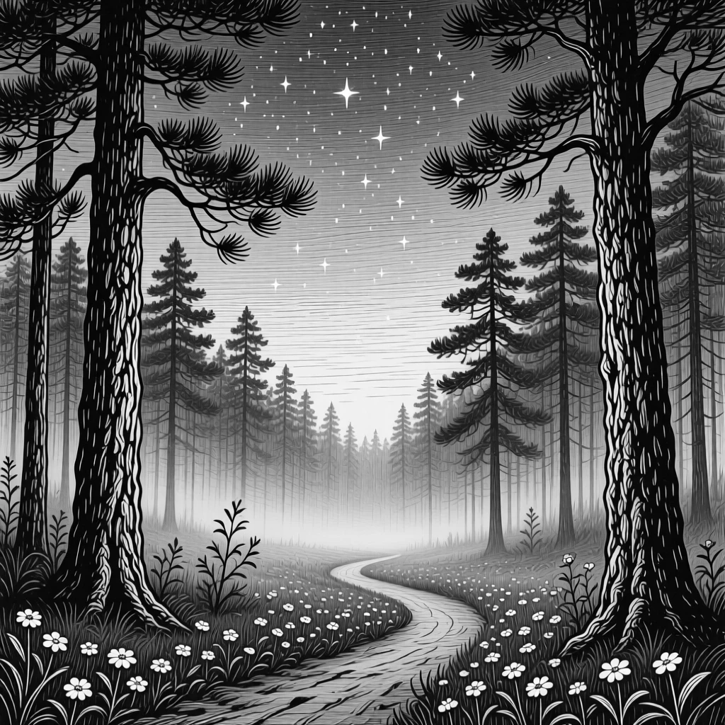 A misty pine forest beneath a canopy of stars beginning to appear, with scattered wildflowers along the path, evoking a softly romantic atmosphere in a wide, balanced composition.