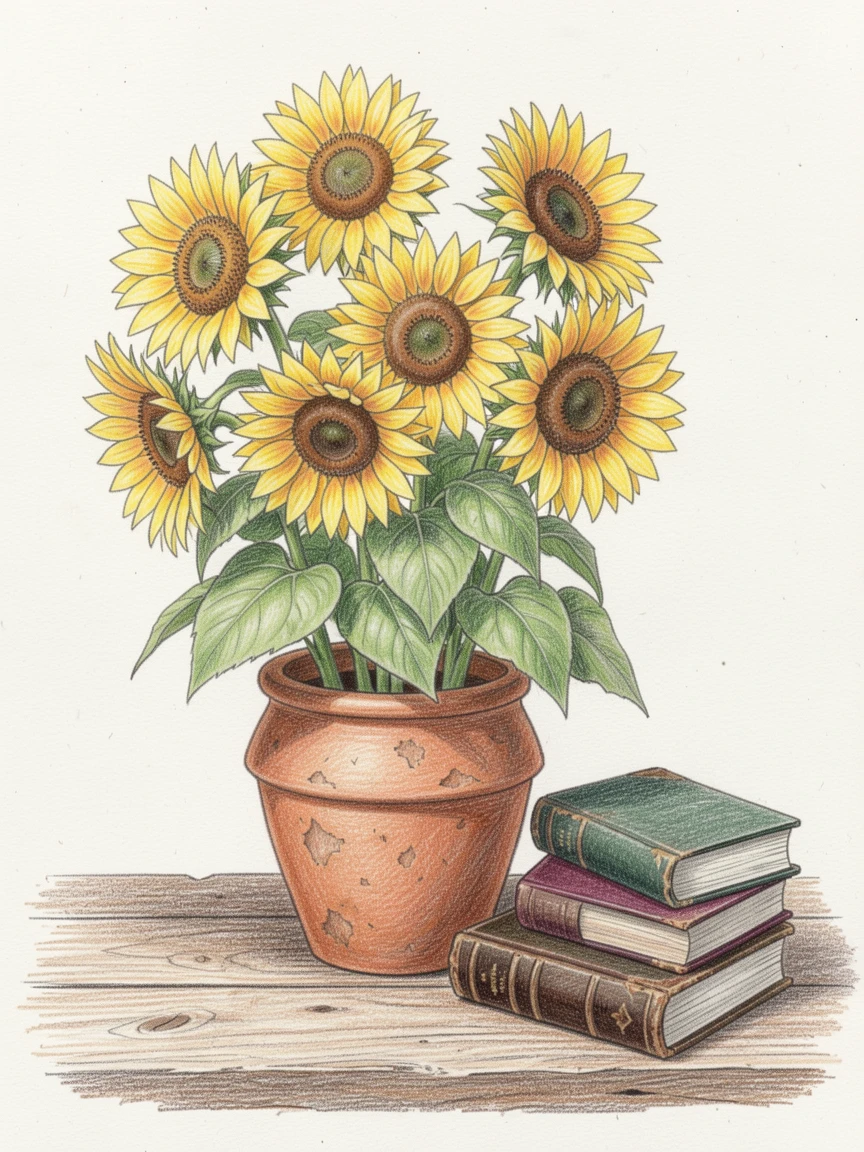 A bunch of sunflowers standing tall in a rustic clay pot, resting on a rustic wooden table beside vintage books, capturing the fleeting beauty of a blooming season.