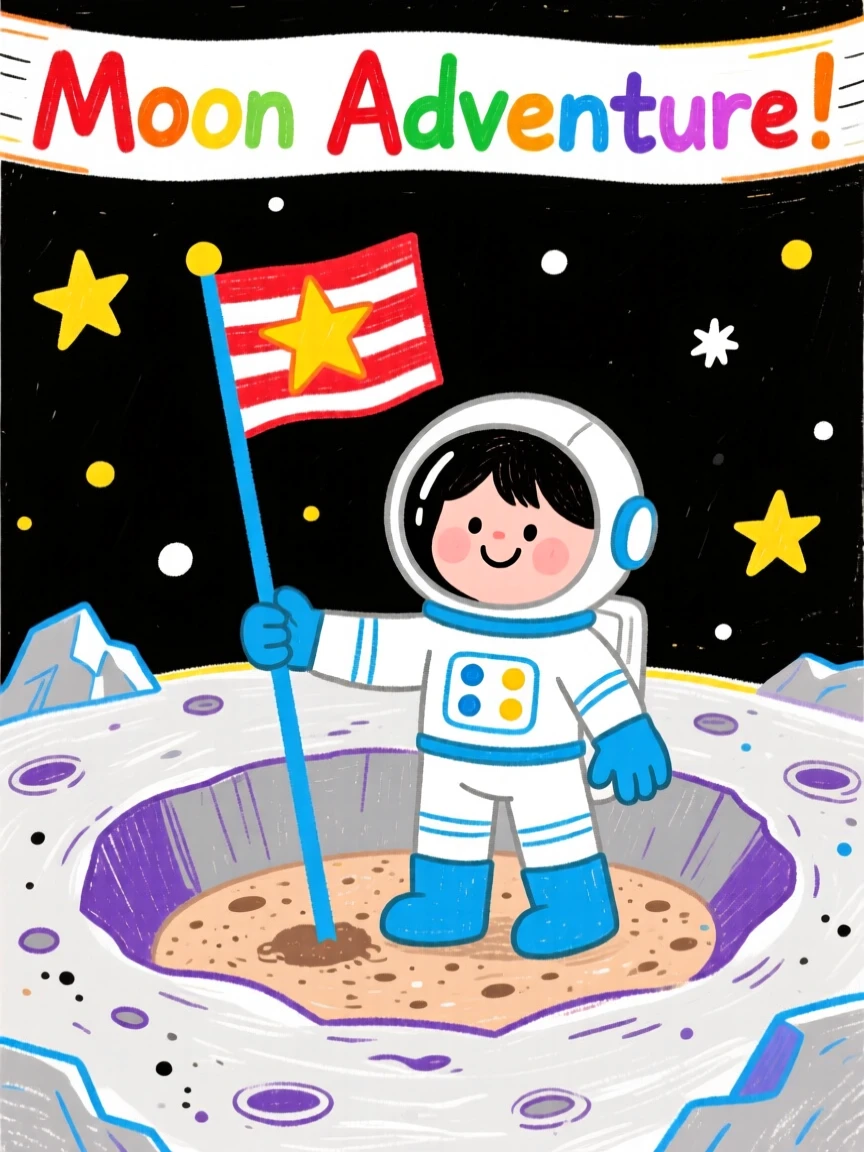 A young astronaut planting a flag on a dusty moon crater.