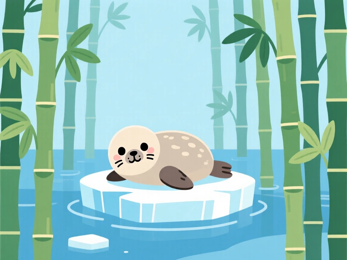 A baby seal resting on an ice floe, framed by towering bamboo stalks in a peaceful grove, arranged in a balanced symmetrical composition, with a sense of playful curiosity captured perfectly.