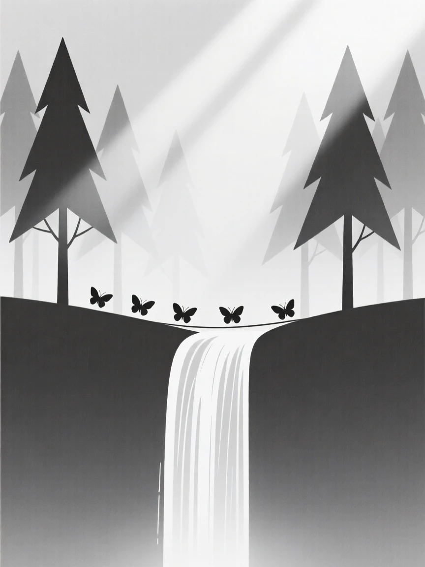 Sunlight falling across a foggy pine forest as a towering waterfall moves slowly past a trail of butterflies, evoking serene isolation.