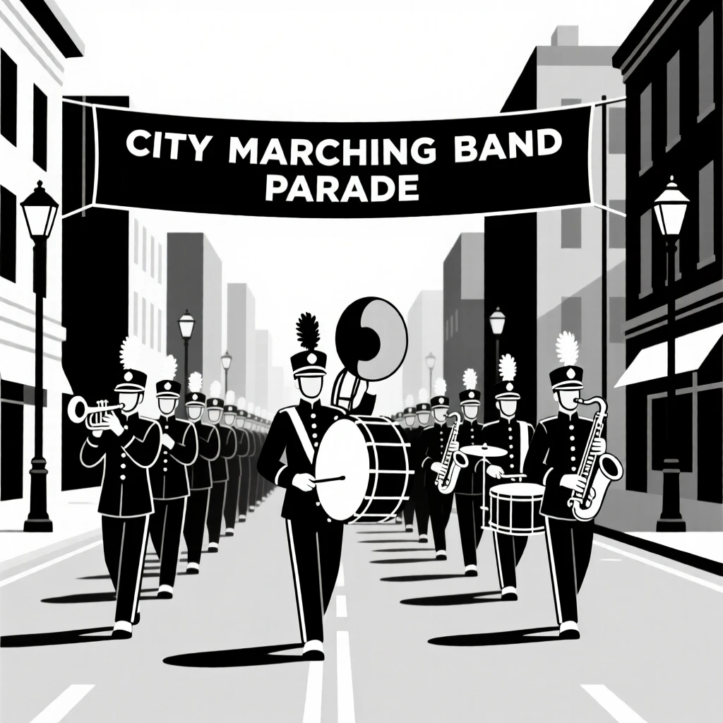 A marching band parading down a city street.