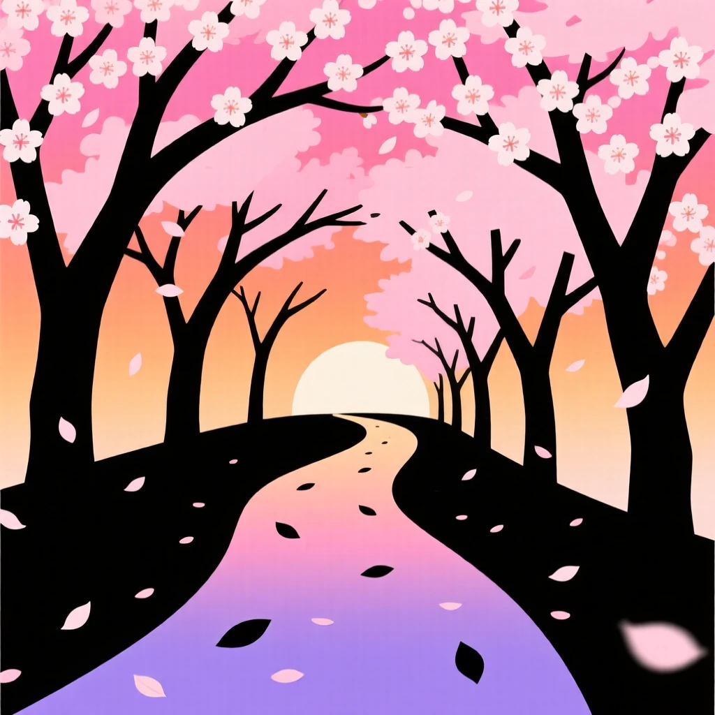 A path lined with blooming cherry blossom trees stretching into the distance.