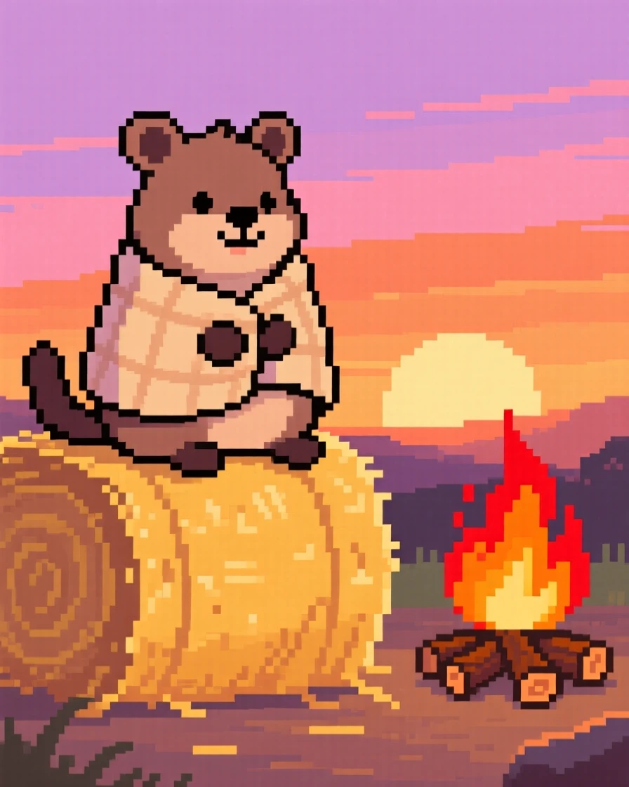 A plump quokka wrapped in a blanket by a campfire, on top of a haystack at sunset.