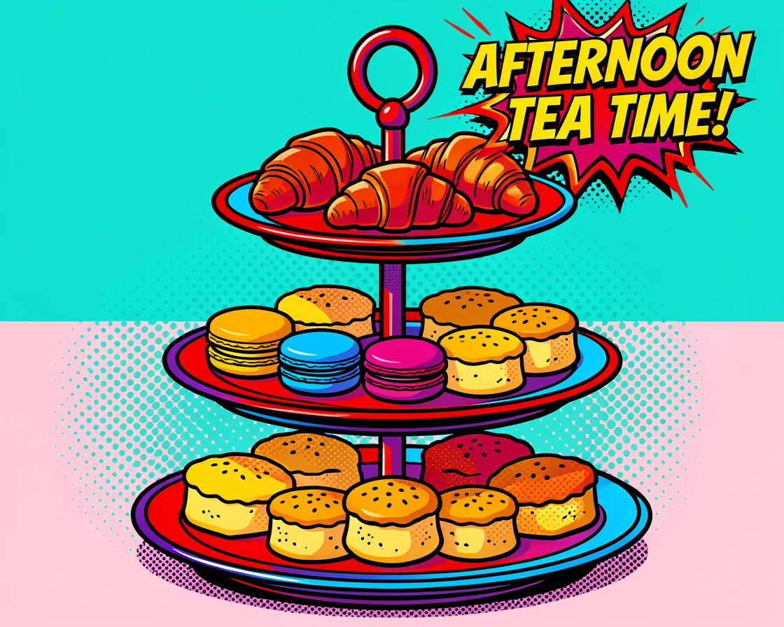 A tiered afternoon tea stand with pastries and scones