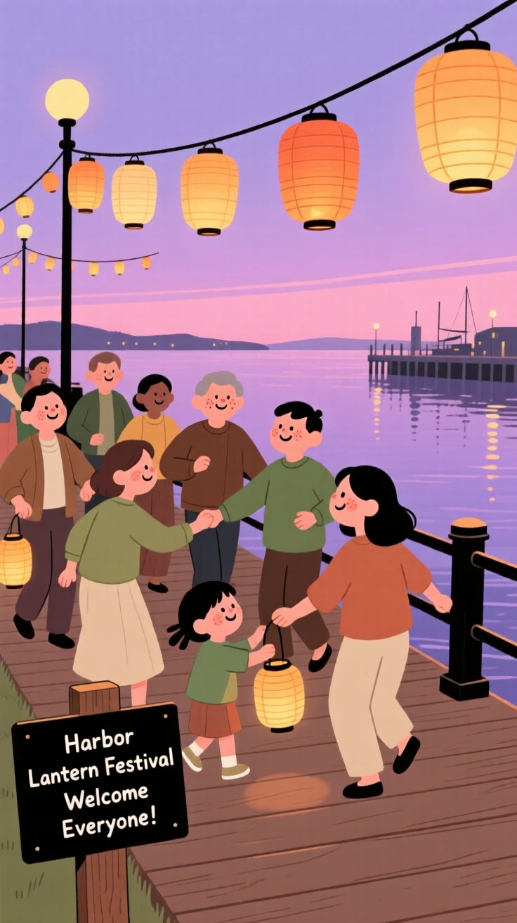A community gathers in the harbor promenade for a lantern festival, dancing together beneath strings of glowing lanterns as evening falls.