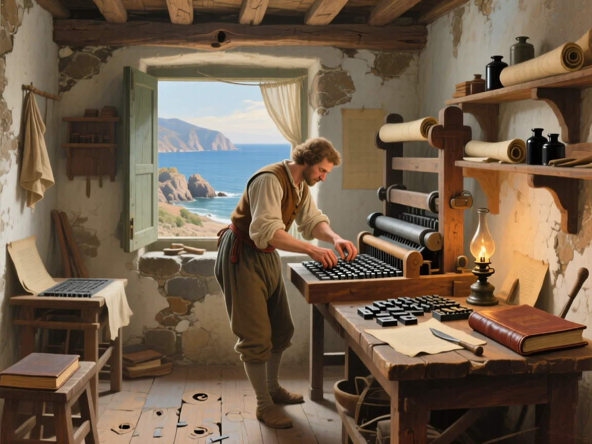 A sweeping wide shot of a printer setting type by hand in a small print shop, along the Turkish coast, in the Renaissance period.