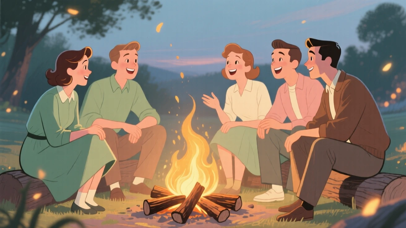 A group of friends sharing stories around an evening bonfire