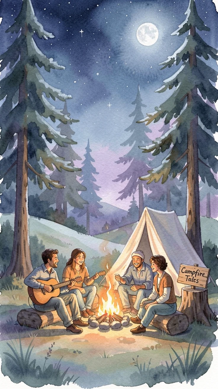 Friends camping together under a starry sky surrounded by a comforting, familiar setting.