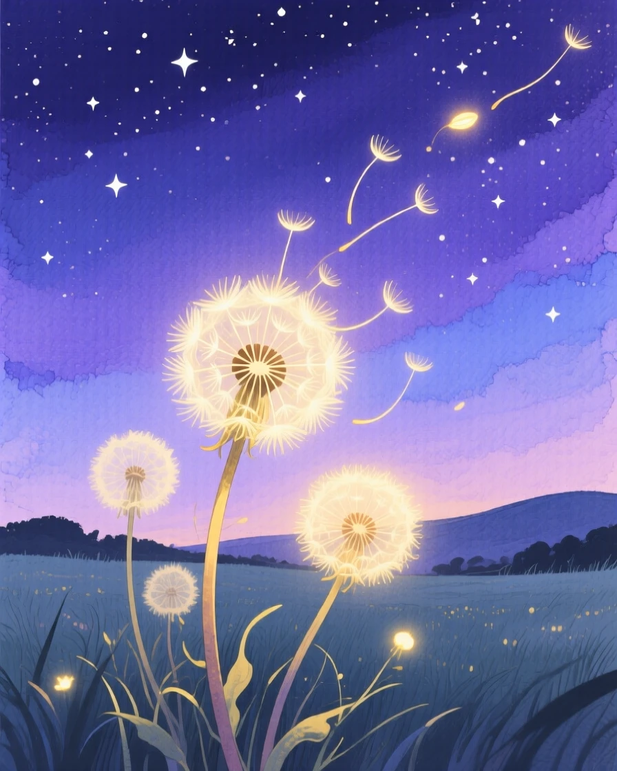 A field of oversized dandelions releases glowing seeds that drift upward into a twilight sky full of stars