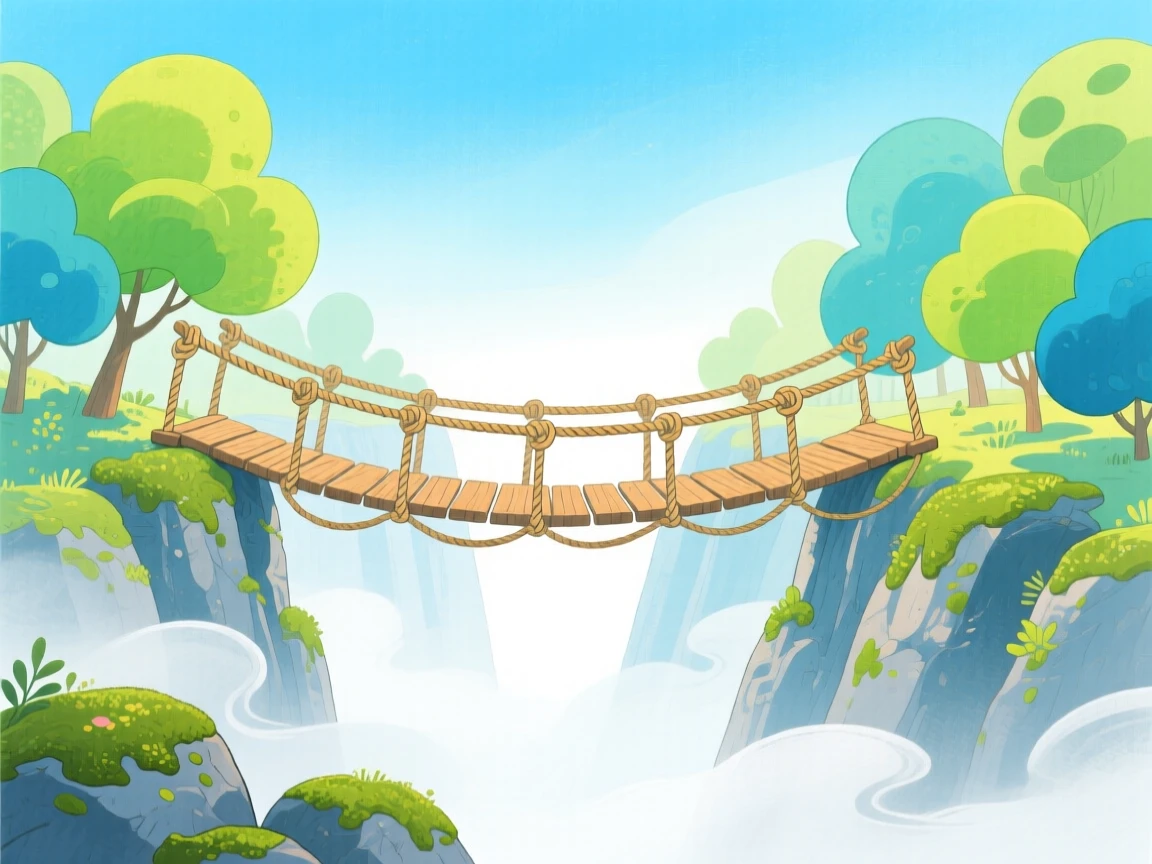 A wondrous view of a rope bridge swaying above a misty ravine.