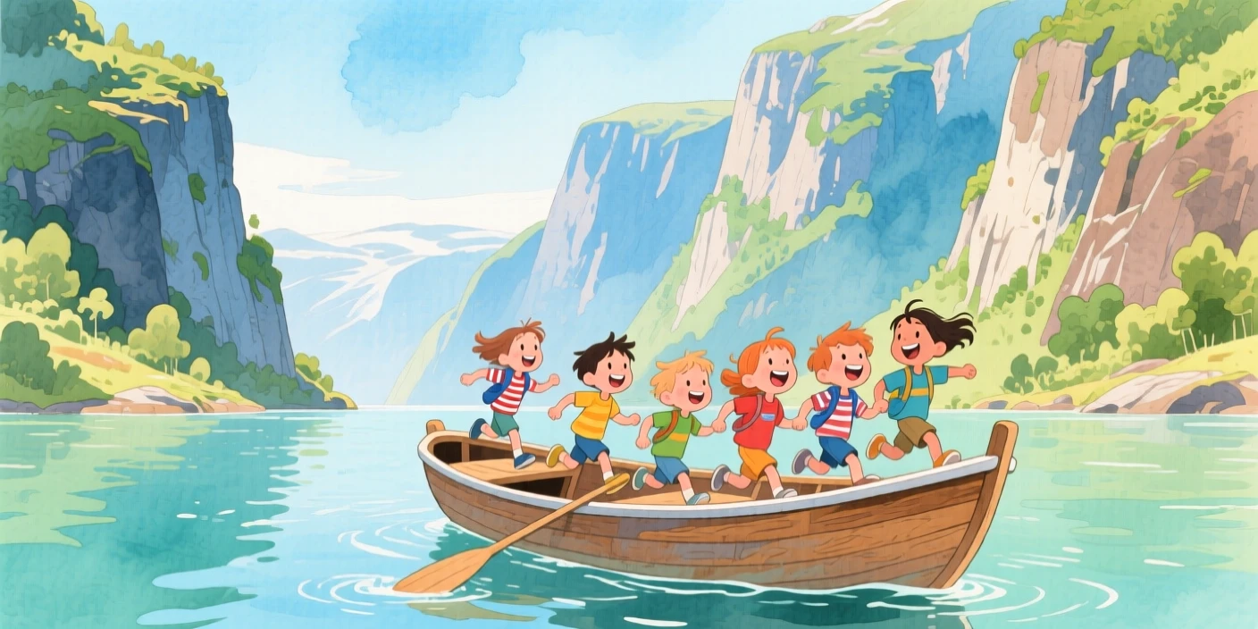 Children run laughing through the scene amid the dramatic fjords of Norway seen from a small wooden boat, capturing the wonder of discovering a new place.