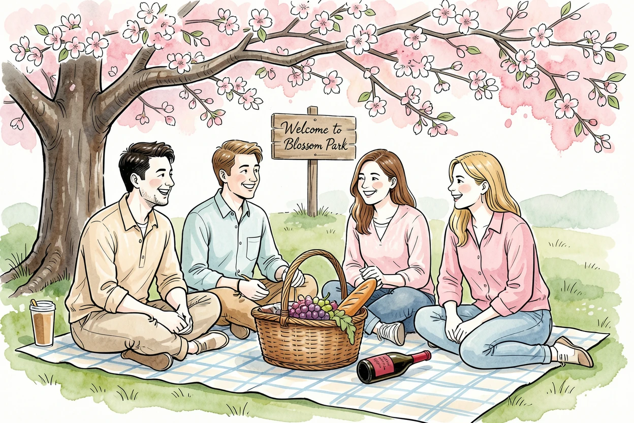A group of friends sharing a picnic under a blossoming tree, a wicker basket and blanket spread between them