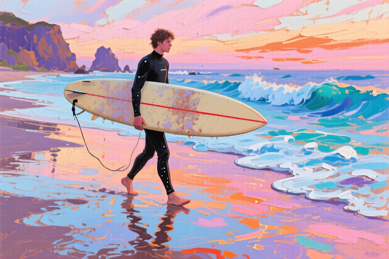 a surfer carrying a board across wet sand, at dawn, from an inviting eye-level viewpoint.