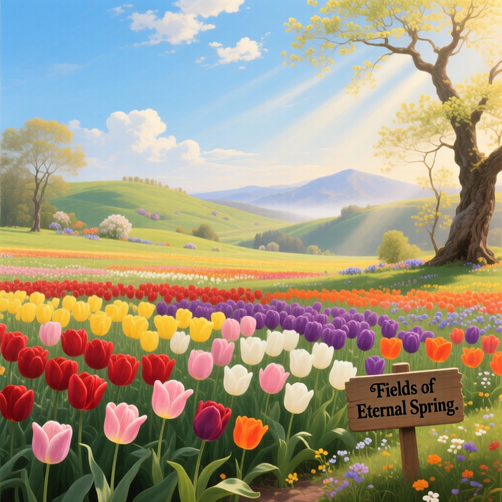 A field of tulips blooms in every color beneath a bright spring sky.