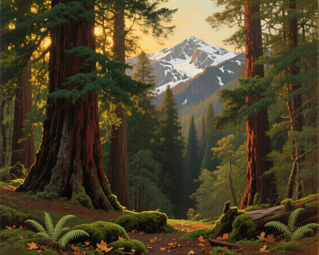 A redwood forest with shafts of sunlight piercing the towering canopy, as snow dusts the highest peaks in the distance, capturing the raw power and quiet majesty of untouched nature
