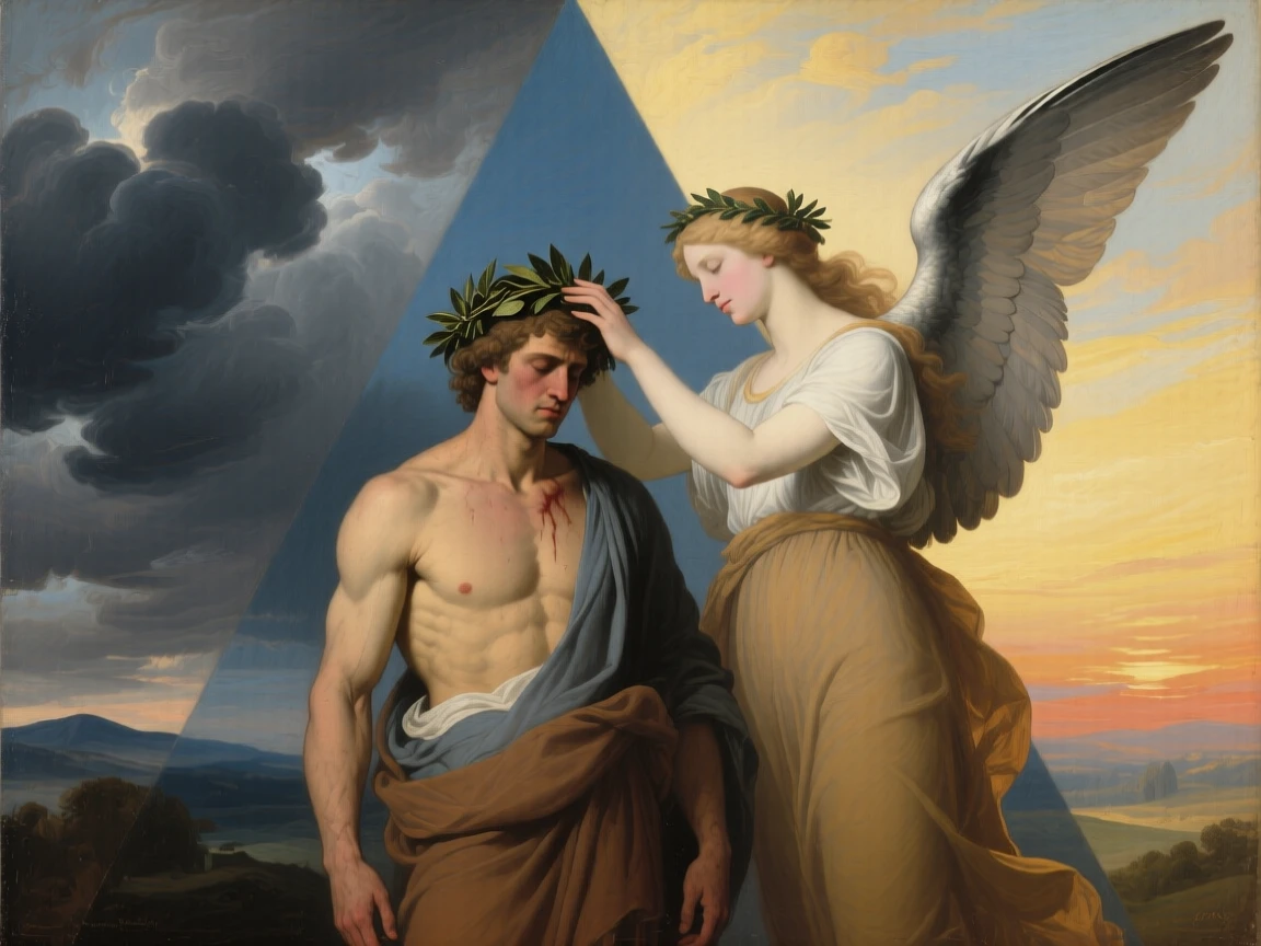A winged figure of Victory crowning a weary but triumphant hero in a gesture that speaks to all of humanity, set beneath a sky divided between storm and radiant light, with contrasting elements of darkness and radiance framing the scene; contrasting light and shadow divide the canvas into meaningful halves, evoking profound meditation on fate, virtue, and the human condition.