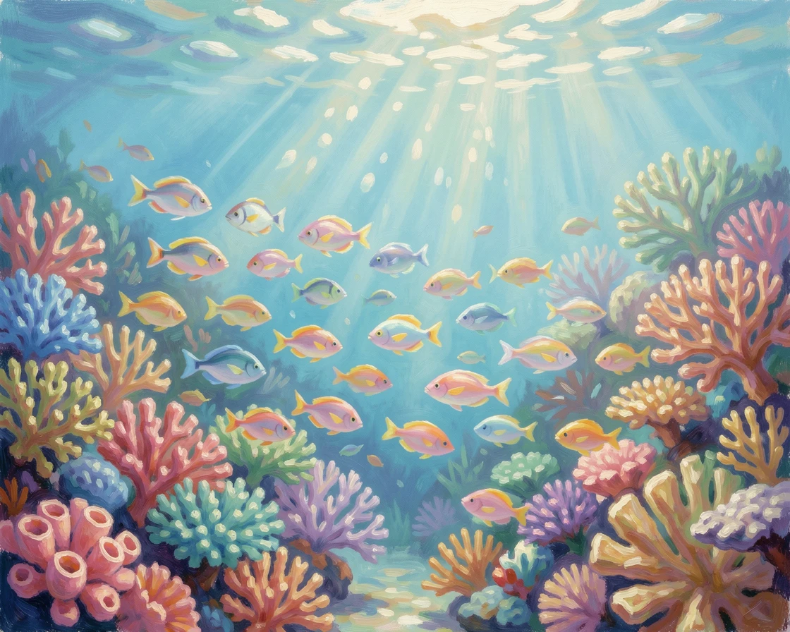 A school of colorful tropical fish weaving through a vibrant coral reef bathed in shafts of sunlight.