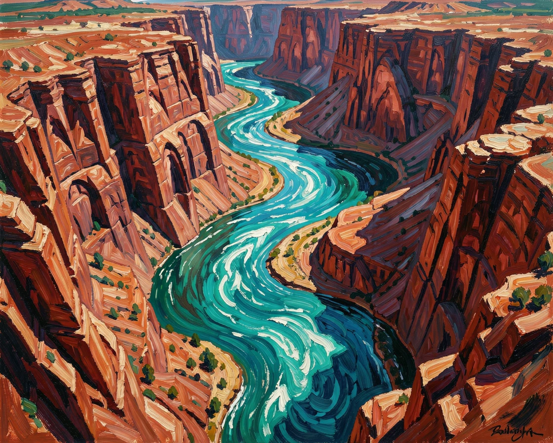 A canyon river seen from above, turquoise water winding through deep red rock walls.