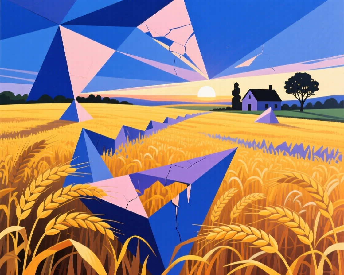 A wide shot of a golden wheat field in the blue light just before sunrise, at the peak of summer.