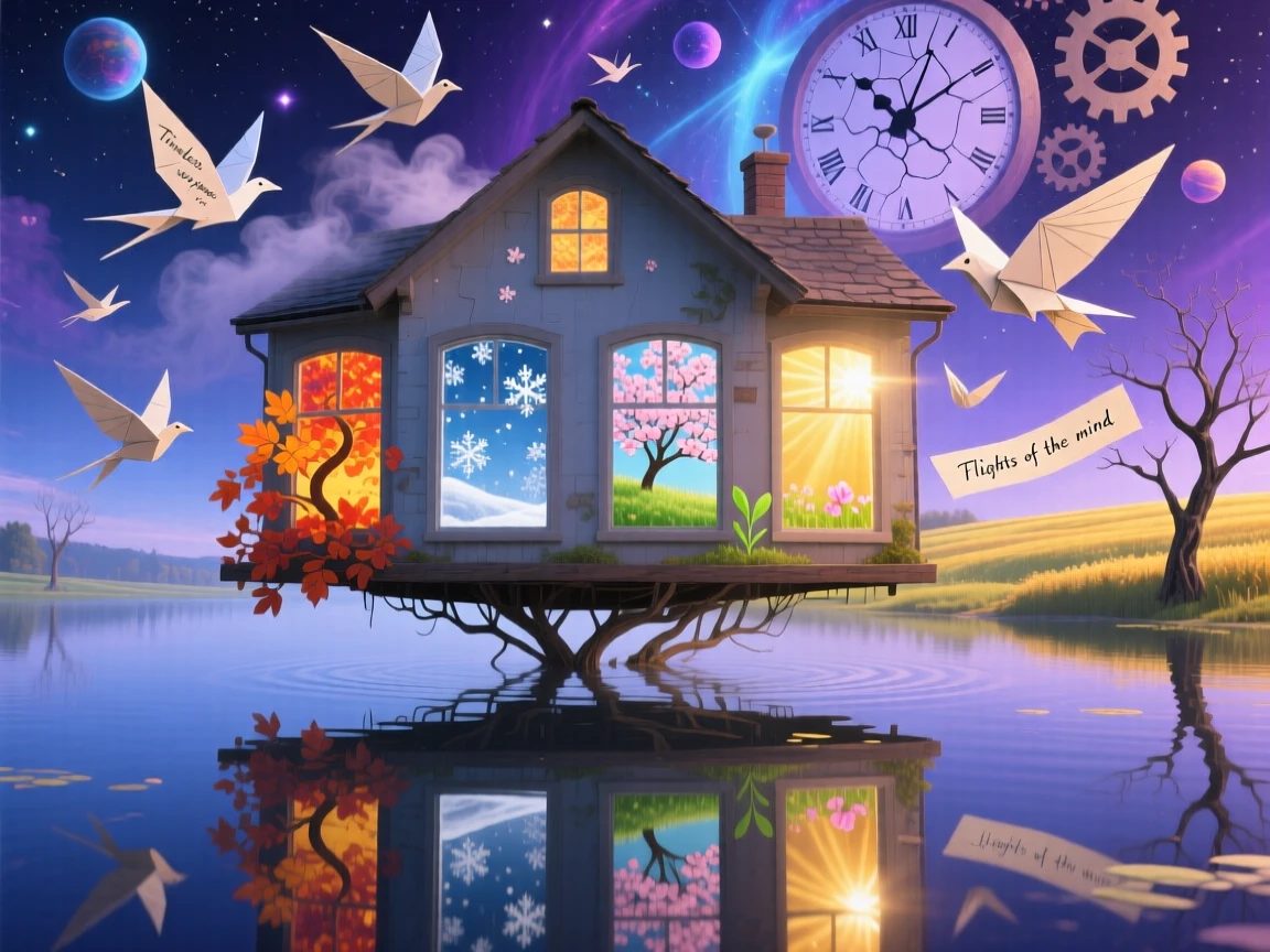 A house whose windows open onto different seasons hovers just above a mirror-still lake, while birds made of paper drift past its windows.