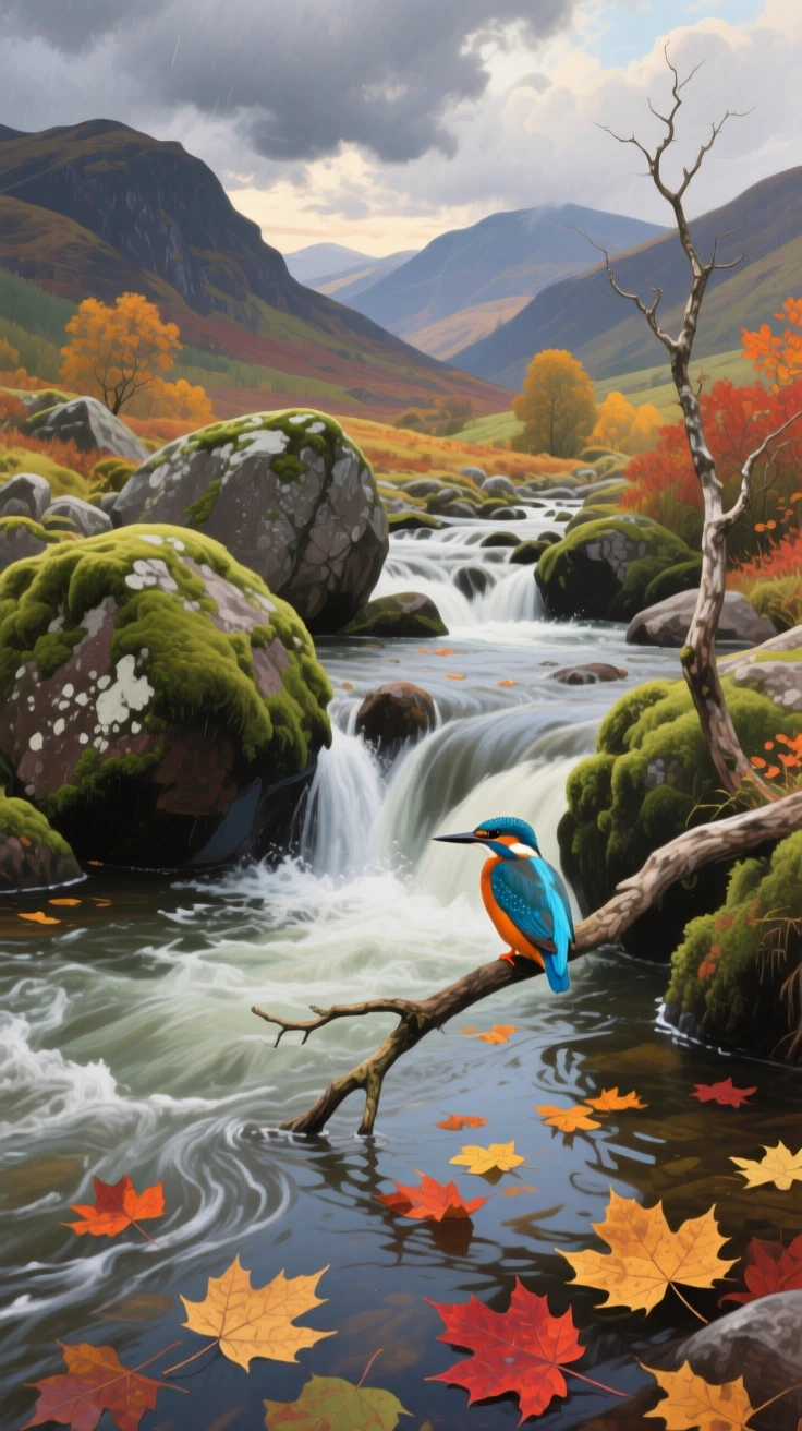 A quiet mountain stream in the Scottish Highlands tumbles over moss-covered boulders, a kingfisher perched on an overhanging branch, autumn leaves drifting past in the current, distant weather visible on the horizon hinting at conditions that will arrive within the hour.