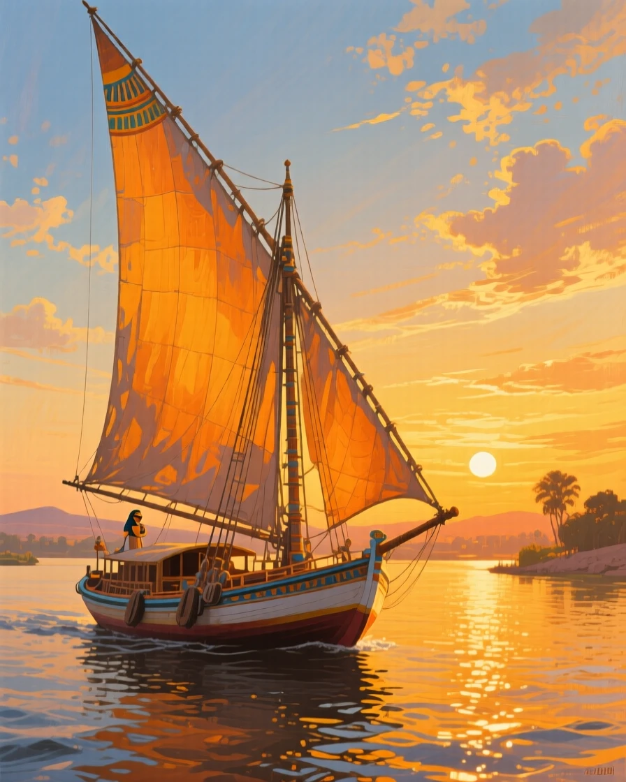 A traditional Egyptian felucca sailboat drifting down the Nile at golden hour, sails glowing amber
