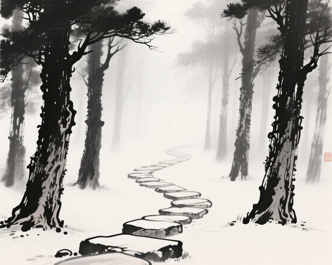 a forest path shrouded in mist, with a narrow stone path winding between the trunks.