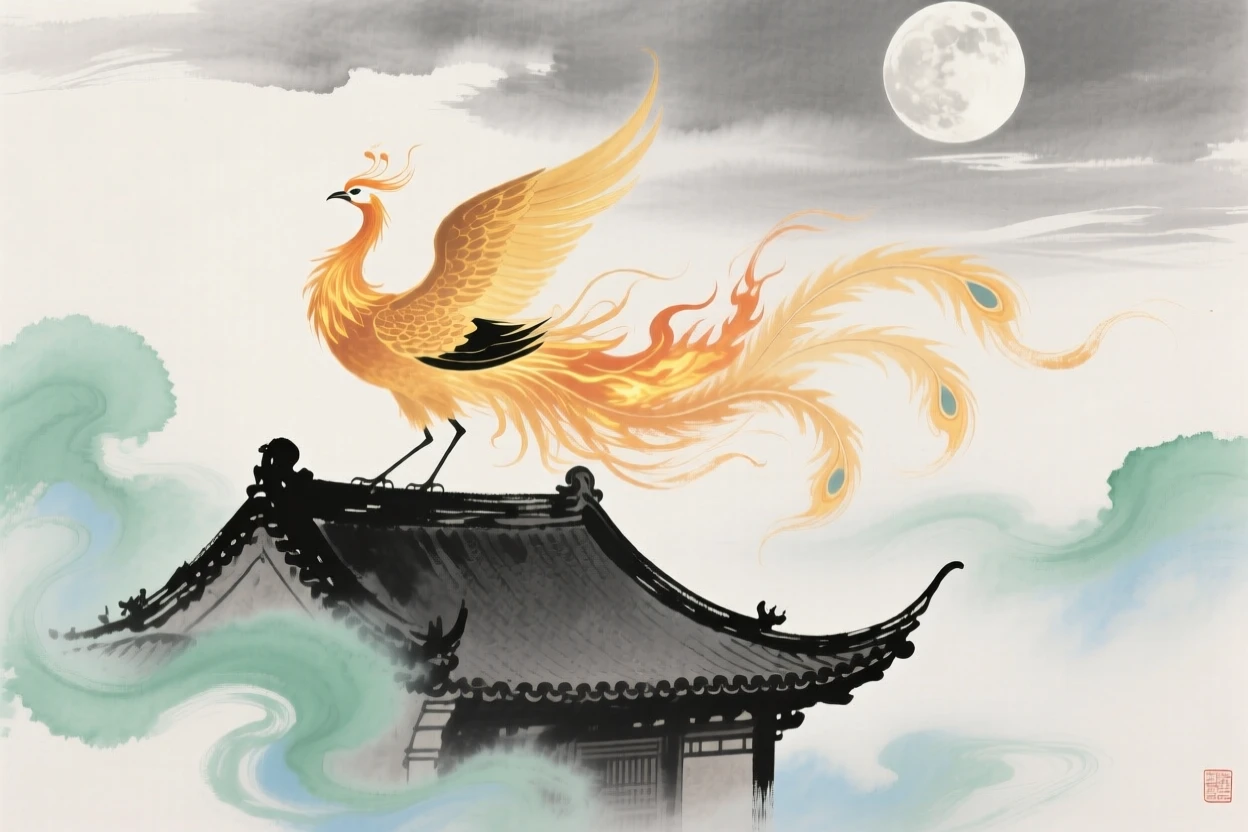 A phoenix rising in flames of golden light above an ancient temple roof, through swirling morning fog, under a full moon, suffused with quiet joy.